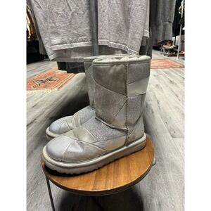 UGG Classic Glitter Patchwork Suede Fur Silver Sparkle Short Boots Size 7 Womens